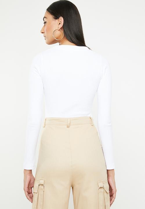 Missguided - Horn button rib plunge ls bodysuit - white