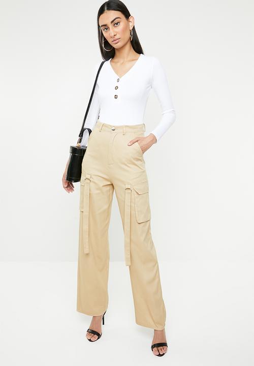 Missguided - Horn button rib plunge ls bodysuit - white