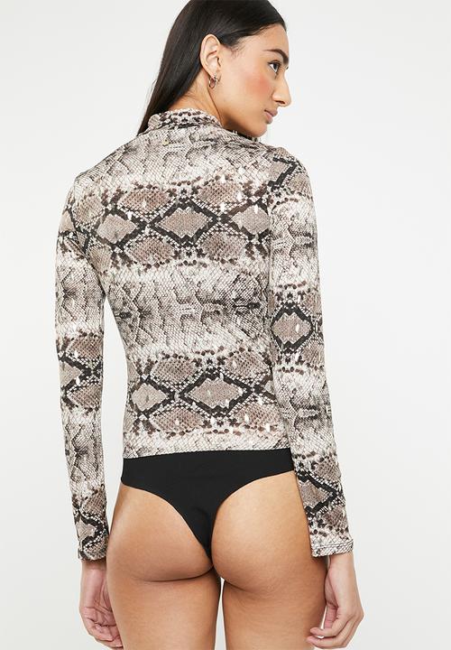SISSY BOY - Slither turtle neck snake bodysuit -brown & beige