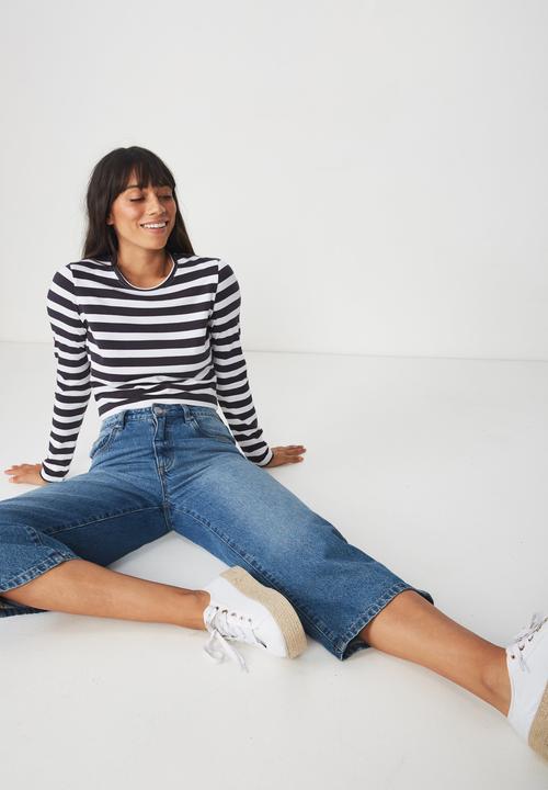 Cotton On - Everyday long sleeve top - white & navy 
