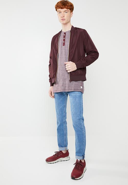 Jack & Jones - Giovanni long sleeve granddad tee - burgundy