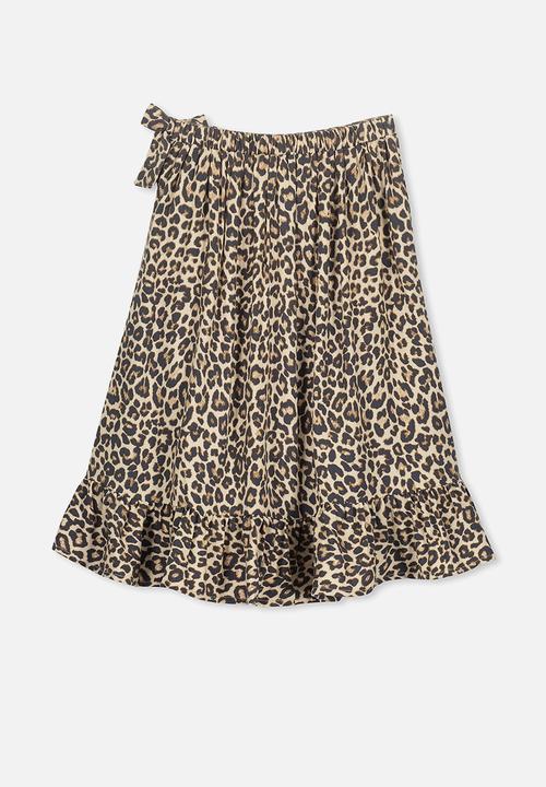 Cotton On - Ria ruffle natural animal midi skirt - brown & black
