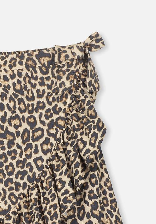 Cotton On - Ria ruffle natural animal midi skirt - brown & black
