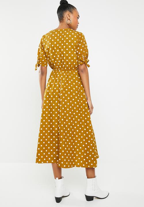 Revenge - Tie sleeve polka dot midi dress - mustard