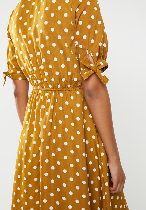 Revenge - Tie sleeve polka dot midi dress - mustard