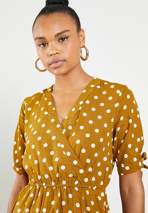Revenge - Tie sleeve polka dot midi dress - mustard