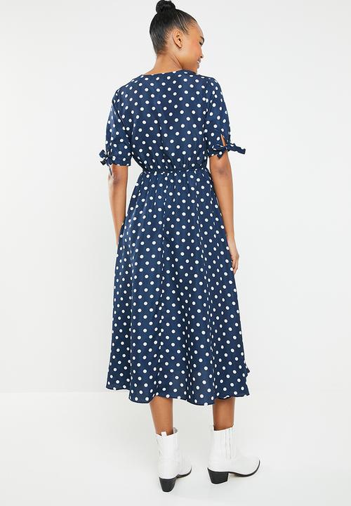 Revenge - Tie sleeve polka dot midi dress - navy & white