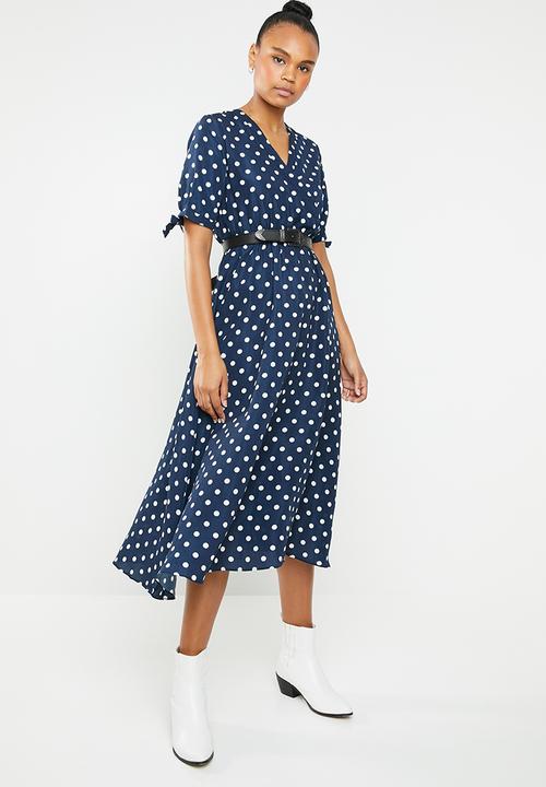 Revenge - Tie sleeve polka dot midi dress - navy & white