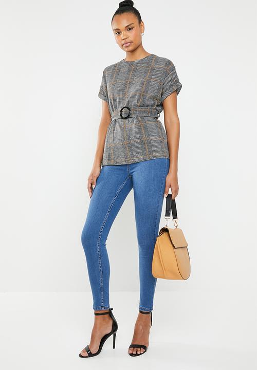 New Look - Check print belted top - grey & orange