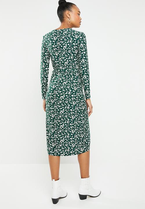 New Look - V neck long sleeve ditsy wrap dress - green