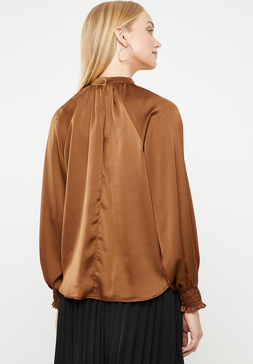 Superbalist - Elasticated hi neck blouse - brown