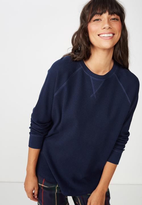 Cotton On - Waffle crew long sleeve top  - navy 