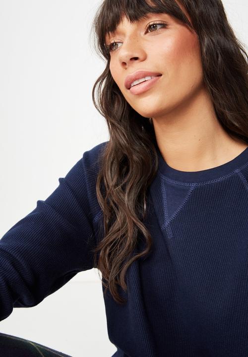 Cotton On - Waffle crew long sleeve top  - navy 