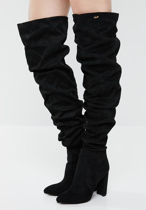 Plum - Ruched over the knee boot - black
