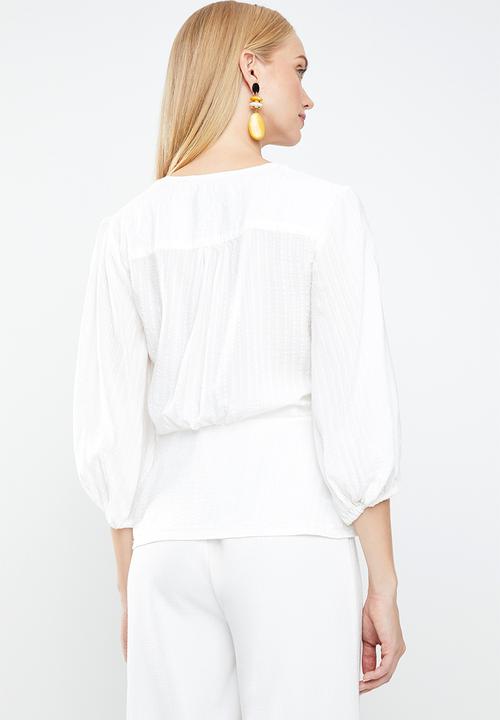 MANGO - Striped wrap blouse - off white