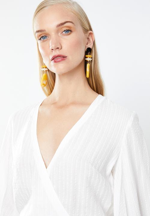 MANGO - Striped wrap blouse - off white