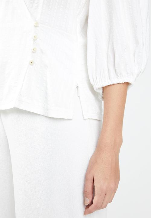 MANGO - Striped wrap blouse - off white