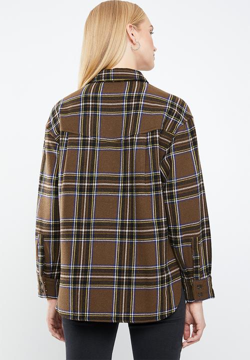 MANGO - Wool blend check shirt - brown