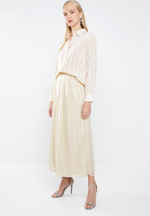 MANGO - Satin finish self stripe midi skirt - neutral
