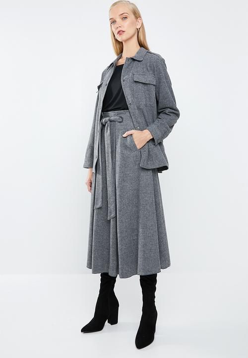 MANGO - Flared midi skirt with self belt - grey