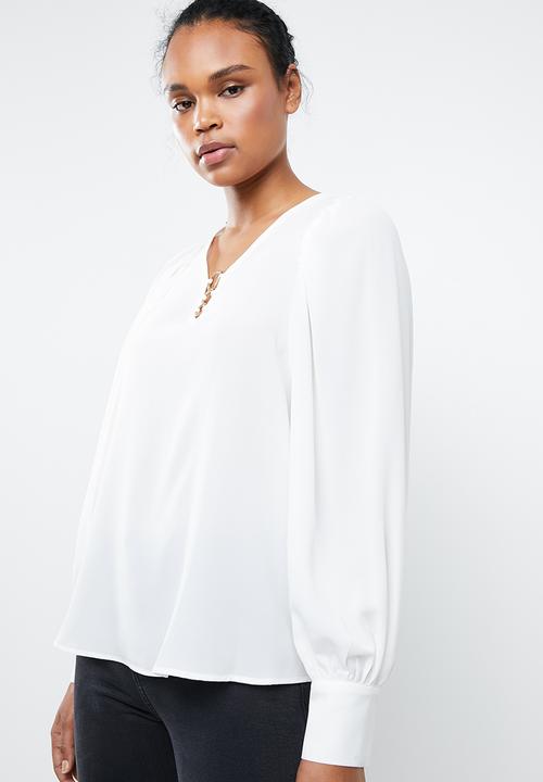 MANGO - Metallic ring keyhole blouse - off white