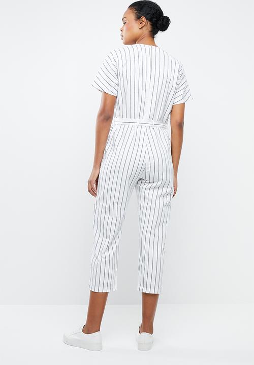 MANGO - Striped cotton jumpsuit - white & blue 