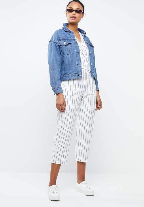 MANGO - Striped cotton jumpsuit - white & blue 