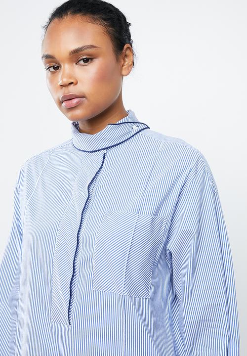 MANGO - Stripe bow collar shirt - blue & white 