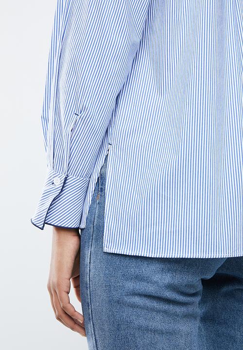 MANGO - Stripe bow collar shirt - blue & white 