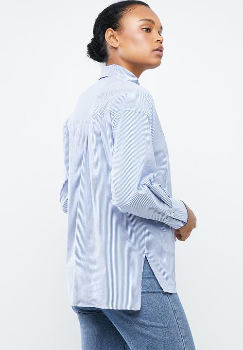 MANGO - Stripe bow collar shirt - blue & white 