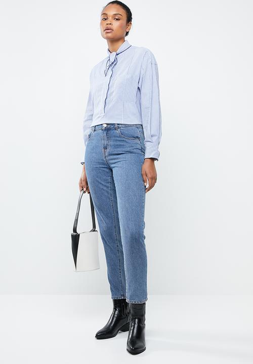 MANGO - Stripe bow collar shirt - blue & white 