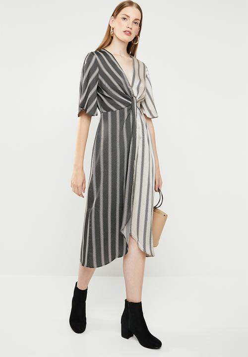 MANGO - Knot front crossover dress - black & cream