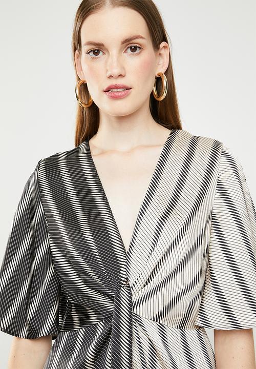 MANGO - Knot front crossover dress - black & cream