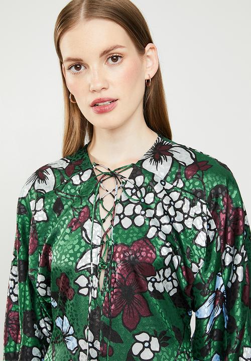 MANGO - Floral puff sleeve midi dress - green