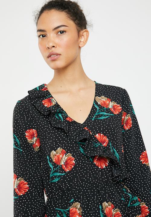 Brave Soul - Floral ruffle wrap dress - multi