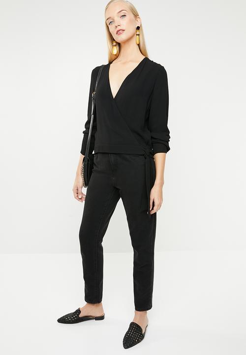 MANGO - Linen wrap blouse - black