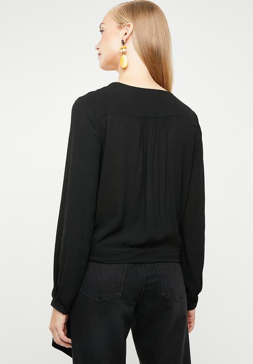 MANGO - Linen wrap blouse - black