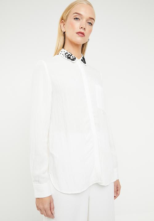 MANGO - Crystal embellished collar shirt - white