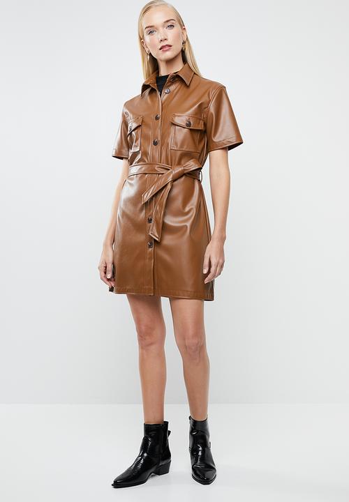 tan leather shirt dress