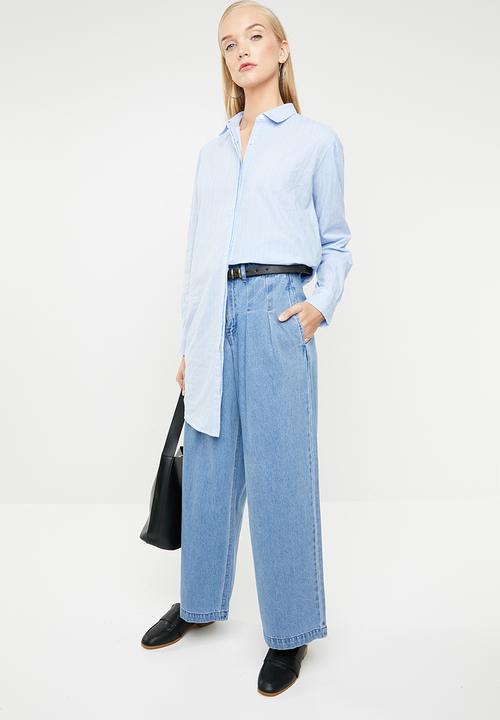 MANGO - Cotton oversized pinstripe shirt - blue