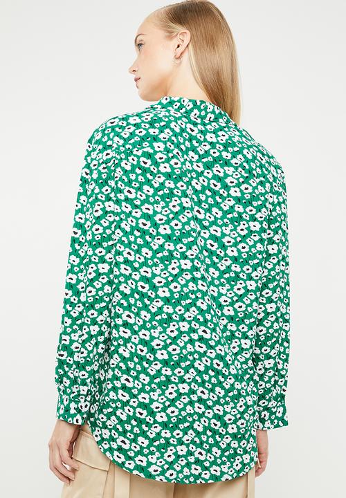 MANGO - Soft floral shirt - green & white