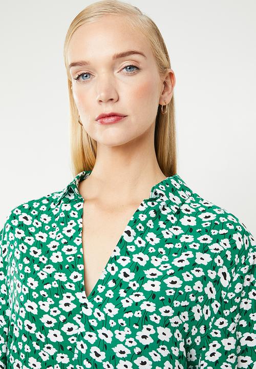 MANGO - Soft floral shirt - green & white