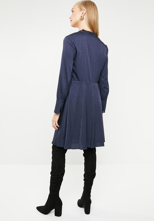MANGO - Satin finish neck tie dress - navy