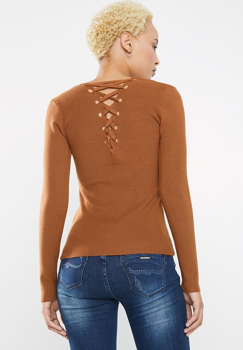 SISSY BOY - Logo knitwear with back lace up detail - rust