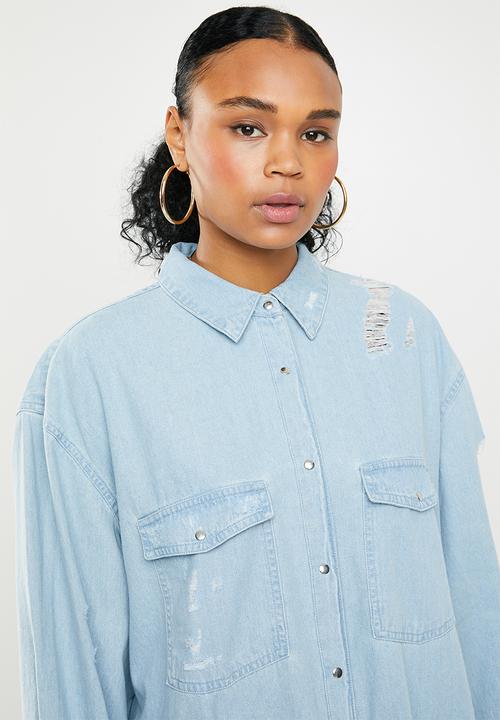 Missguided - Oversized distressed denim shirt - blue