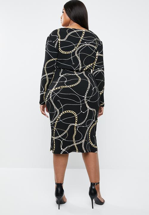 Superbalist - V-neck tie front midi dress - black & gold 