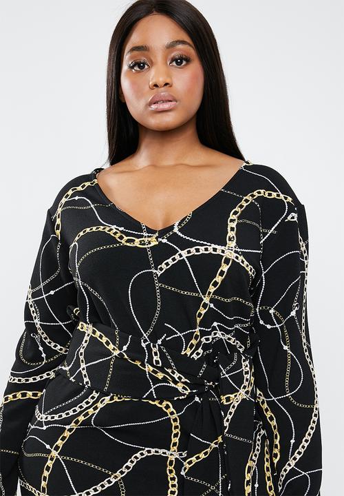 Superbalist - V-neck tie front midi dress - black & gold 