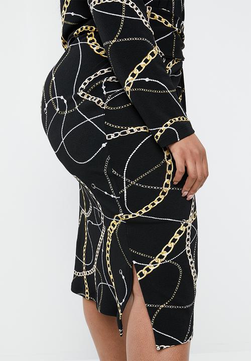 Superbalist - V-neck tie front midi dress - black & gold 