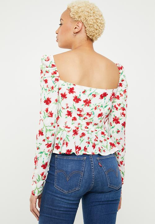 Missguided - Floral lace up front square neck peplum top - white & red
