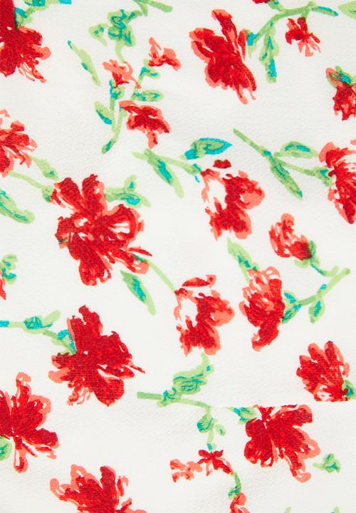 Missguided - Floral lace up front square neck peplum top - white & red